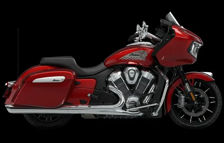 Studio image of Indian Motorcycle Challenger Limited in Sunest Red Metallic Colourway, Available at Brisan Motorcycles Newcastle