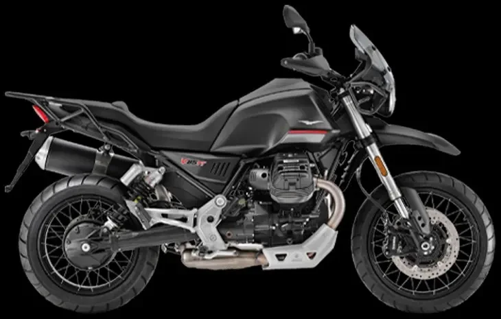 Studio image of Moto Guzzi V85 TT in Nero Etna colourway, available at Brisan Motorcycles Newcastle