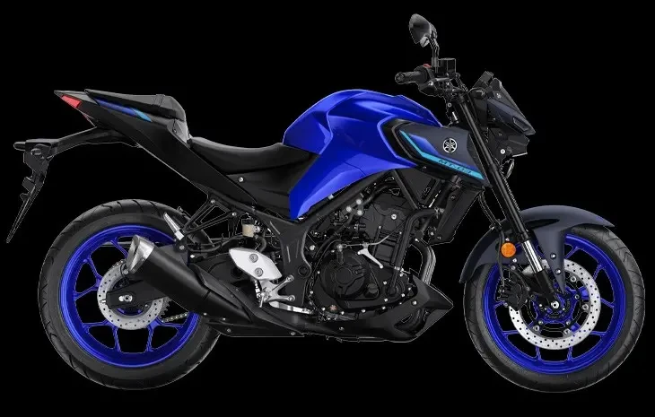 Studio image of Yamaha MT-03 LAMS roadster in blue colourway, available at Brisan Motorsports Islington