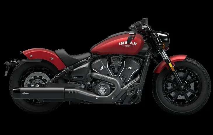 Studio image of Indian Scout Bobber 2024 in Sunset Red Smoke colour, awvailable at Brisan Motorcycles Newcastle