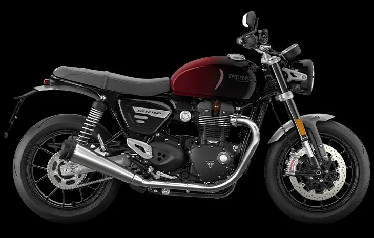 Studio image of Triumph Speed Twin Stealth Edition in Stealth Red colourway, available at Brisan Motorcycles Newcastle