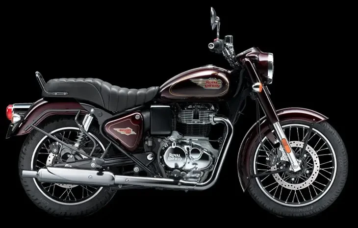 Studio image of Royal Enfield Bullet 350 in Standard Maroon colourway, available at Brisan Motorcycles Newcastle