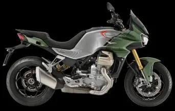 Studio image of Moto Guzzi V100 Mandello S in Verde (green), available at Brisan Motorcycles Newcastle