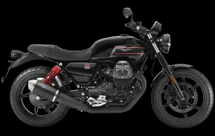 Studio image of Moto Guzzi V7 Stone Black Devil special edition, available at Brisan Motorcycles Newcastle