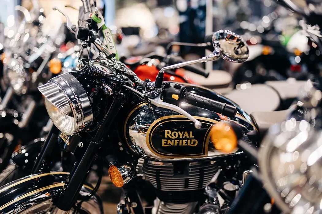 Close up of Chrome Royal Enfield Fuel tank at Brisan Motorcycles Newcastle showroom