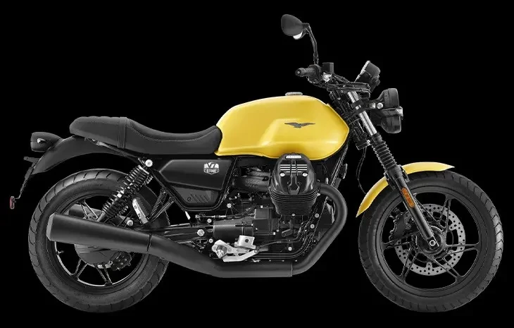 Studio image of Moto Guzzi V7 Stone in Yellow colourway, available at Brisan Motorcycles Newcastle