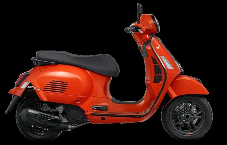 Studio image of 2023 Vespa GTS 300 Super Sport in Arancia Tramonto (Orange) colourway, available at Brisan Motorcycles Newcastle