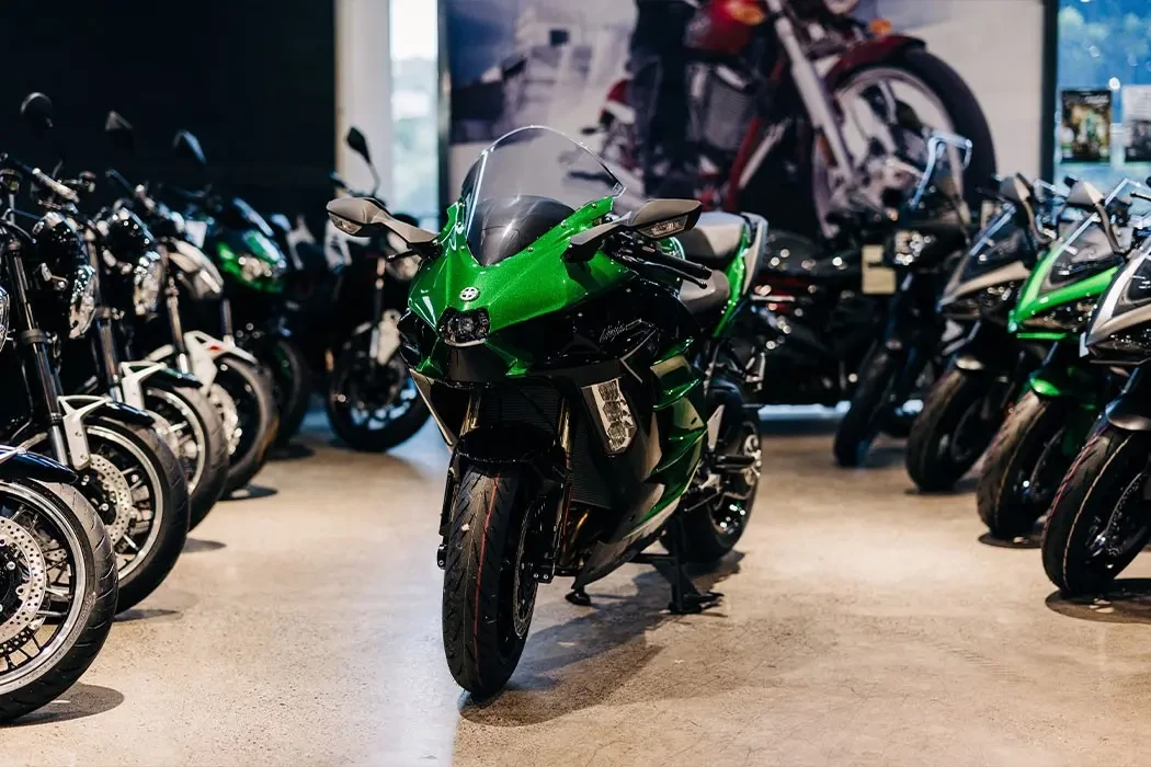 Front three quarter image of Kawasaki H2 on the showroom floor at Brisan Motorcycles Newcastle