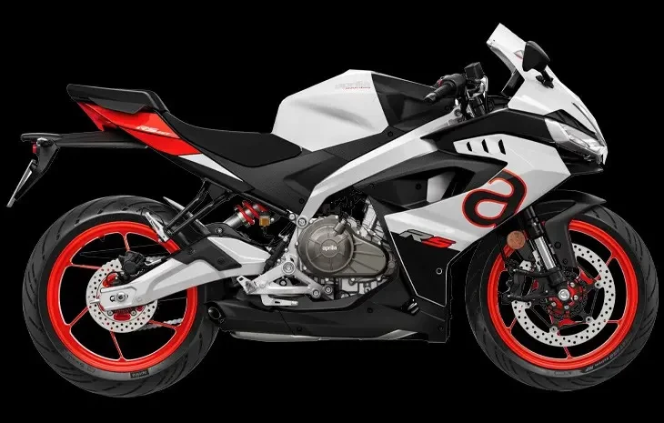 Studio image of 2024 Aprilia RS 457 in Aprilia White colourway, available at Brisan Motorcycles Newcastle