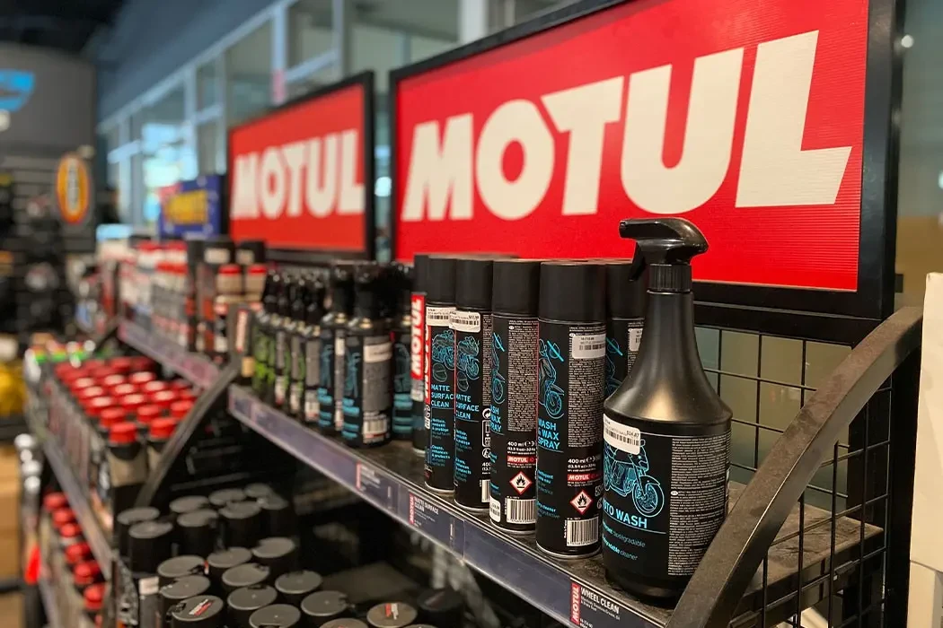 Motul motorcycle cleaning products display at Brisan Motorcycles Newcastle's parts and accessories area