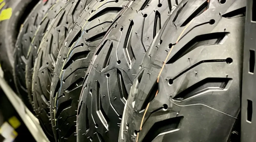 Display of motorcycle tyres available at Brisan Motorcycles