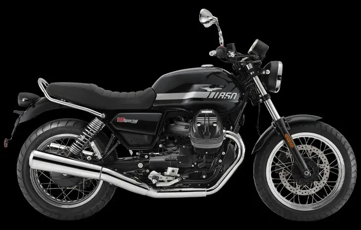 Studio image of Moto Guzzi V7 Special in Black with White Stripe, available at Brisan Motorcycles Newcastle