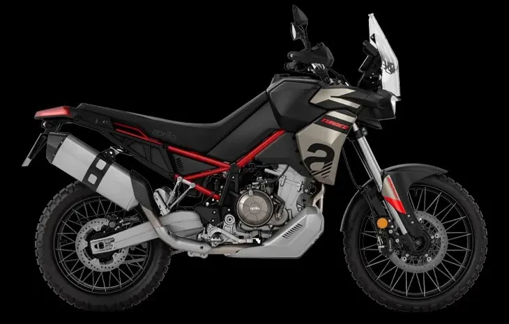 Studio image of Aprilia Tuareg 660 middleweight adventure bike in Canyon Sand Colourway, Available at Brisan Motorcycles Newcastle