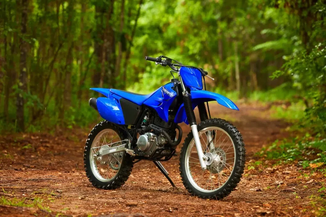 Static image of Yamaha TT-R230 2023 in Blue colourway, front three quarter in forest landscape