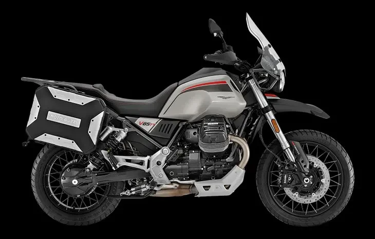 Studio image of Moto Guzzi V85 TT Travel in Grey colourway, available at Brisan Motorcycles Newcastle