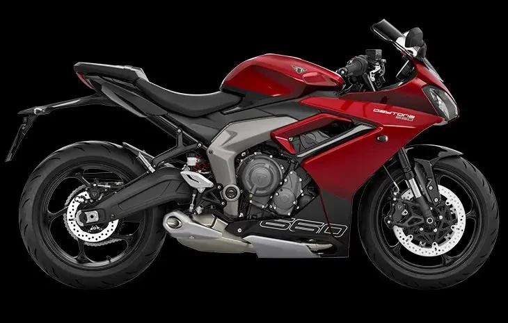 Studio image of Triumph Daytona 660 sports bike in Carnival red colourway, available at Brisan Motorcycles Newcastle