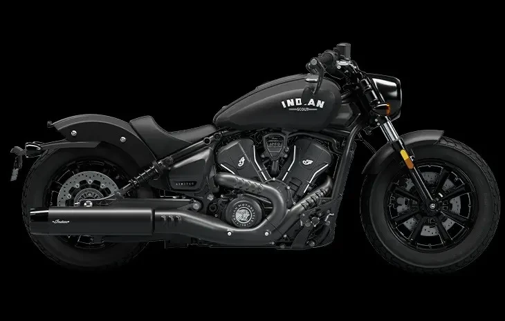 Studio image of Indian Scout Bobber 2024 in Black Smoke colour, awvailable at Brisan Motorcycles Newcastle