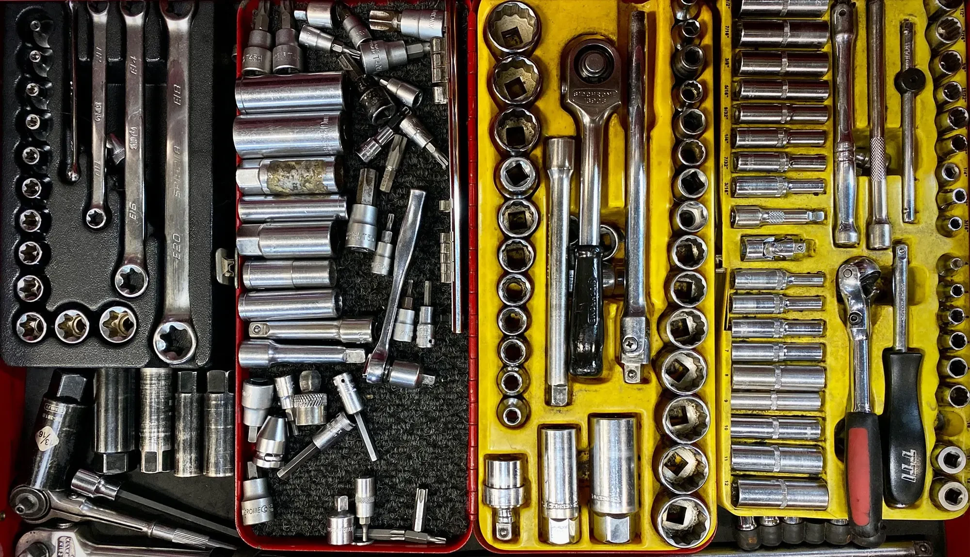 Top down image of socket set used by a motorcycle technician at Brisan Motorcycles