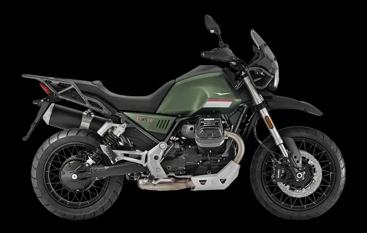 Studio image of Moto Guzzi V85 TT in Green colourway, available at Brisan Motorcycles Newcastle
