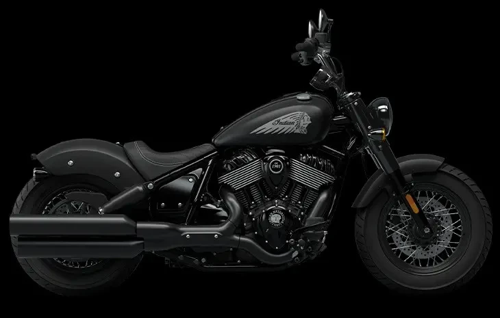 Studio image of Indian Chief Bobber Dark Horse 2024 in Black Smoke colourway, available at Brisan Motorcycles Newcastle