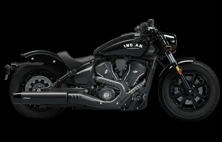 Studio image of Indian Scout Bobber 2024 in Black Metallic colour, awvailable at Brisan Motorcycles Newcastle