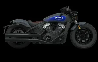 Studio image of Indian Scout Bobber 2023 in Stealth Grey/Azure Crystal, available at Brisan Motorcycles Newcastle