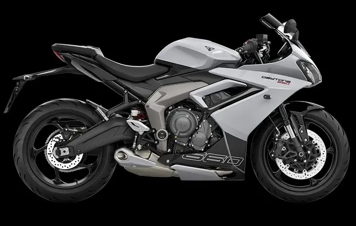 Studio image of Triumph Daytona 660 sports bike in Snowdonia White colourway, available at Brisan Motorcycles Newcastle