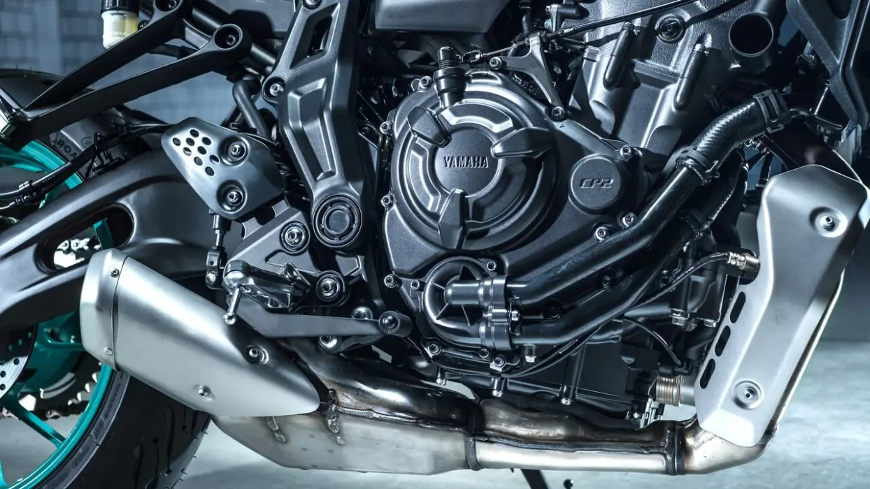 Detail image of Yamaha MT-07 2024 in Grey Colourway, engine and exhaust