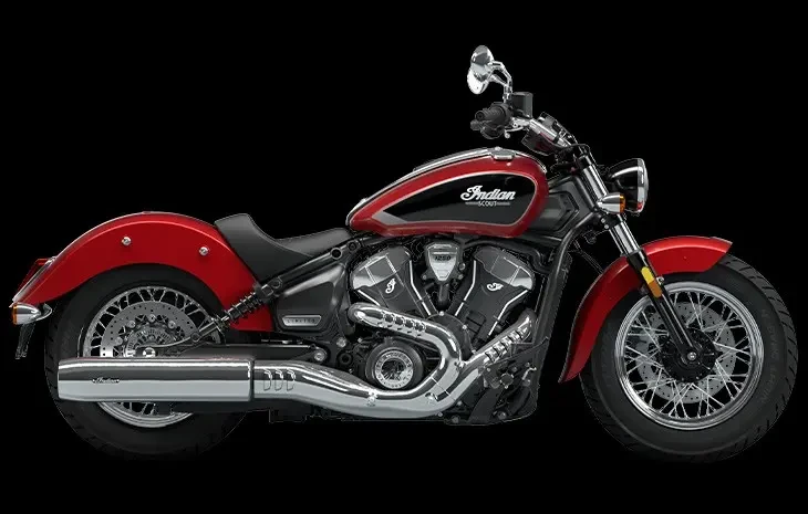 Studio image of Indian Scout Classic 2025 cruiser in Sunset Red Colour, available at Brisan Motorcycles Newcastle