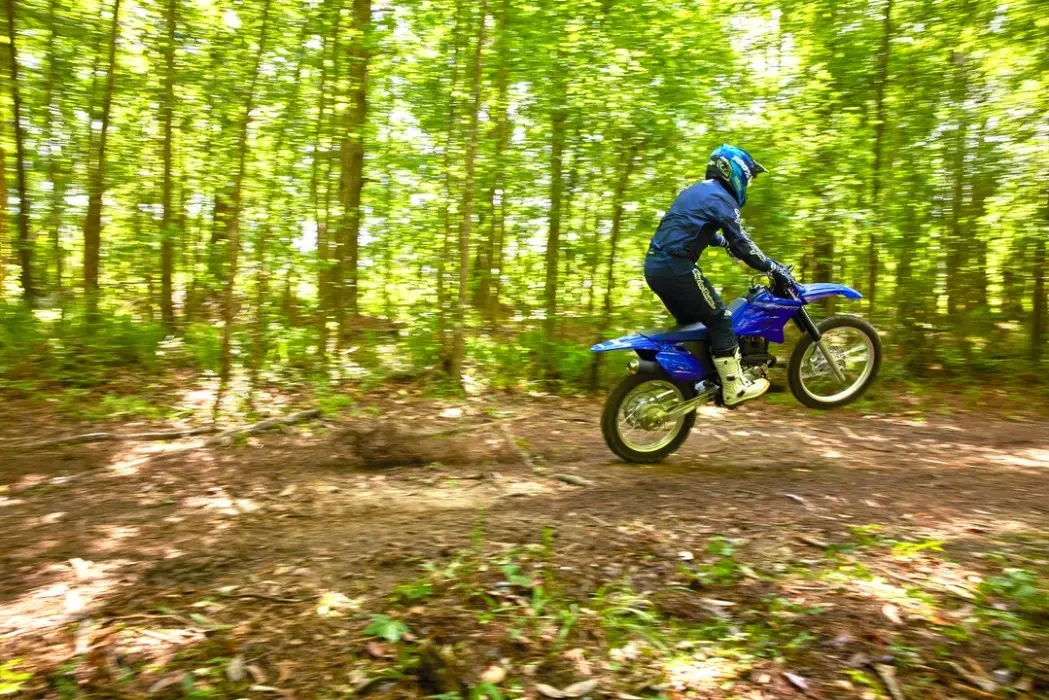 Action image of Yamaha TT-R230 2023 in Blue colourway, wheelie in bush