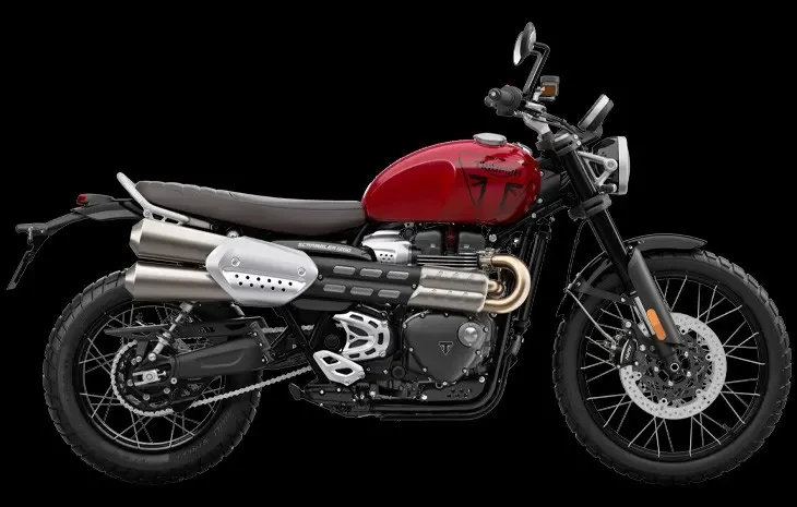 Studio image of 2024 Triumph Scrambler 1200 X in Carnival Red colourway, available at Brisan Motorcycles Newcastle