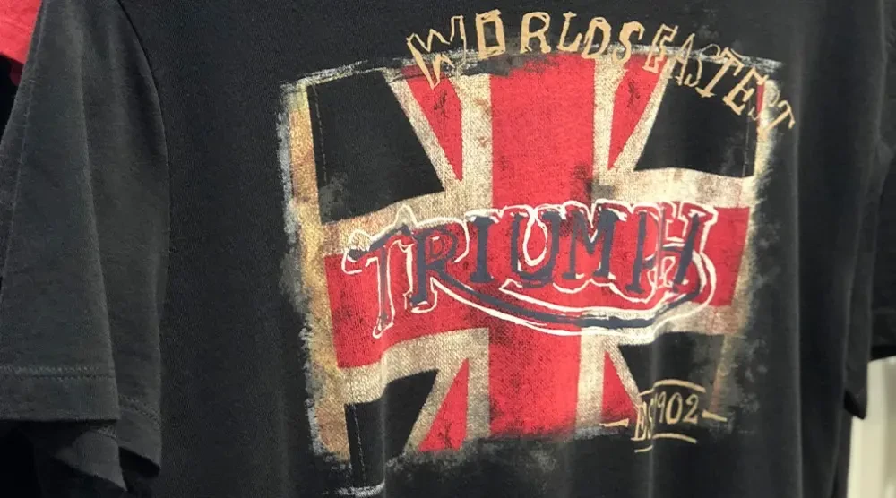 Close up image of Triumph Motorcycles t-shirt, on display at Brisan Motorcycles Newcastle
