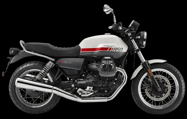 Studio image of Moto Guzzi V7 Special in Rosso Banda (White with Red band), available at Brisan Motorcycles Newcastle