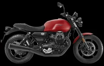 Studio image of Moto Guzzi V7 Stone in Red colourway, available at Brisan Motorcycles Newcastle