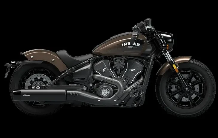 Studio image of Indian Scout Bobber 2024 in Nara Bronze Metallic colour, awvailable at Brisan Motorcycles Newcastle