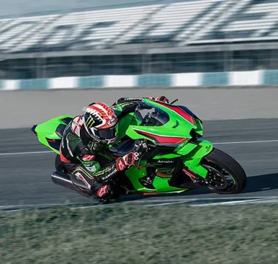 Action image of Kawasaki ZX-10R in KRT Green Colourway on racetrack