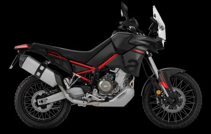 Studio image of Aprilia Tuareg 660 middleweight adventure bike in Atreides Black Colourway, Available at Brisan Motorcycles Newcastle