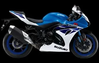 Studio image of Suzuki GSX-R1000R in white/blue colourway, available at Brisan Motorcycles Newcastle