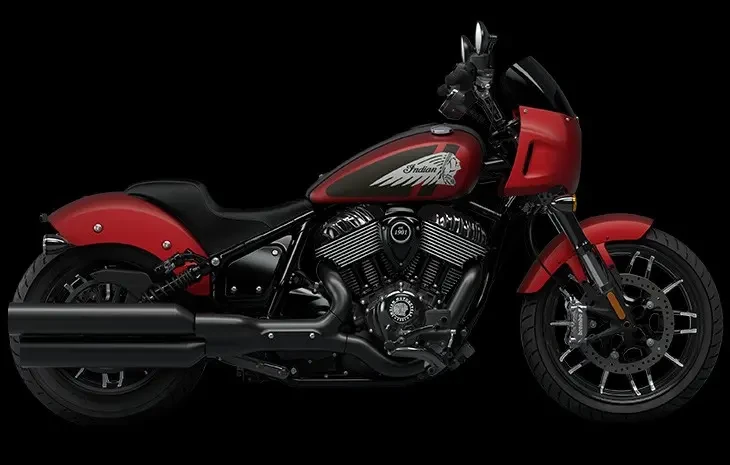 Studio image of Indian Sport Chief 2024 in Sunset Red Smoke colourway, available at Brisan Motorcycles Newcastle