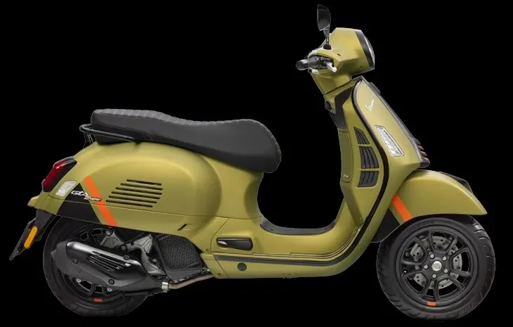 Studio image of 2023 Vespa GTS 300 Super Sport in Verde Olive (Green Olive) colourway, available at Brisan Motorcycles Newcastle